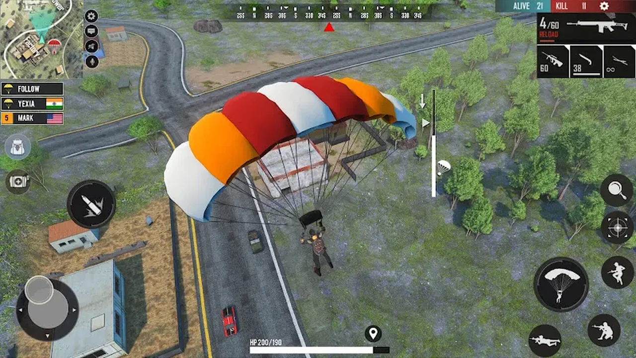 Free Fire player parachuting onto the island at the start of a match