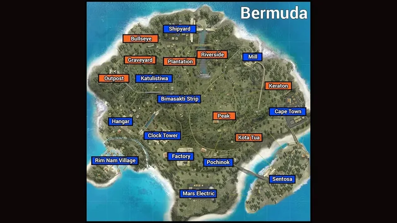 Bermuda map in Free Fire with named locations marked