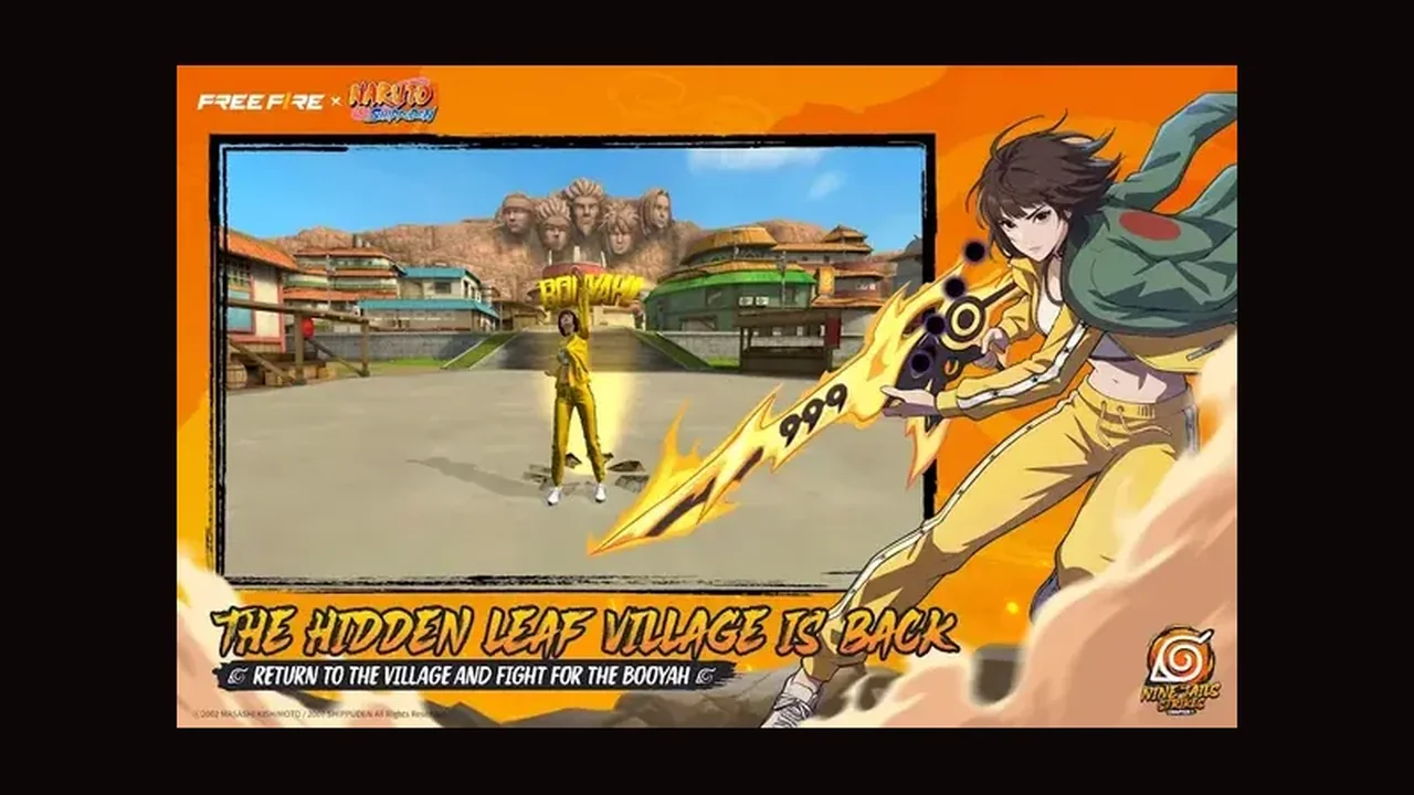 Free Fire gameplay in the Hidden Leaf Village map with a character celebrating a Booyah