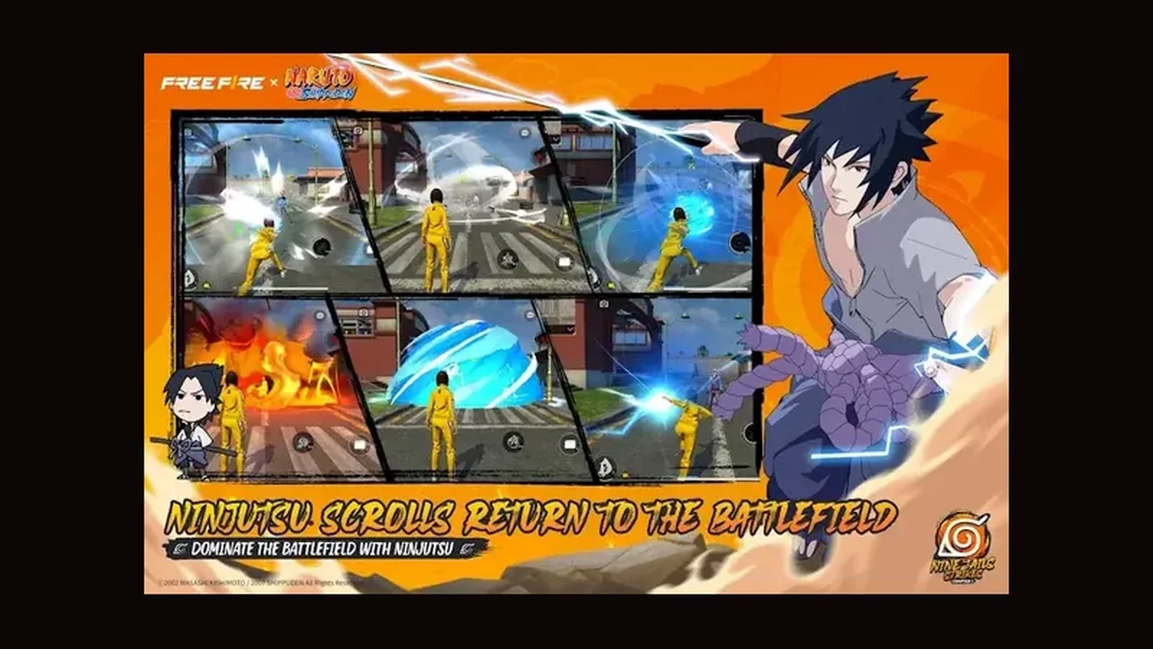 Free Fire gameplay collage showing ninjutsu scroll skills used across several fights