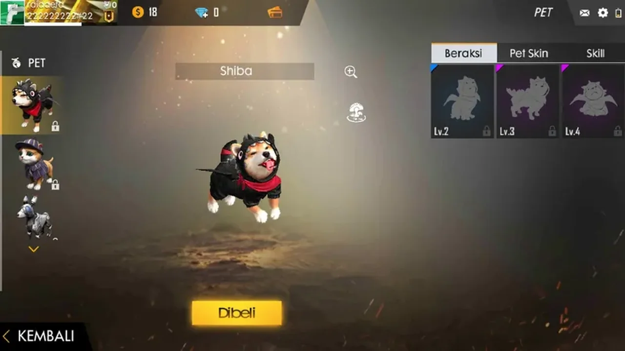 Free Fire pet Shiba shown on the pet selection screen