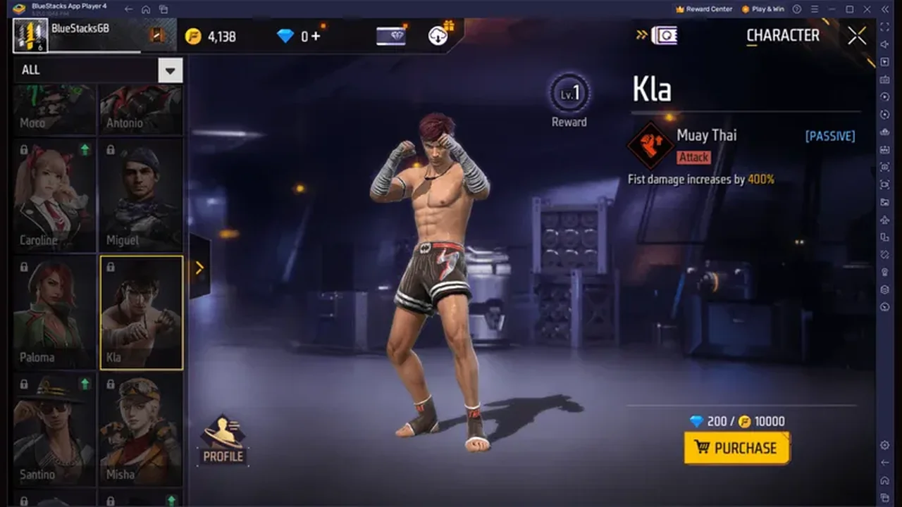 Free Fire character Kla shown on the character selection screen
