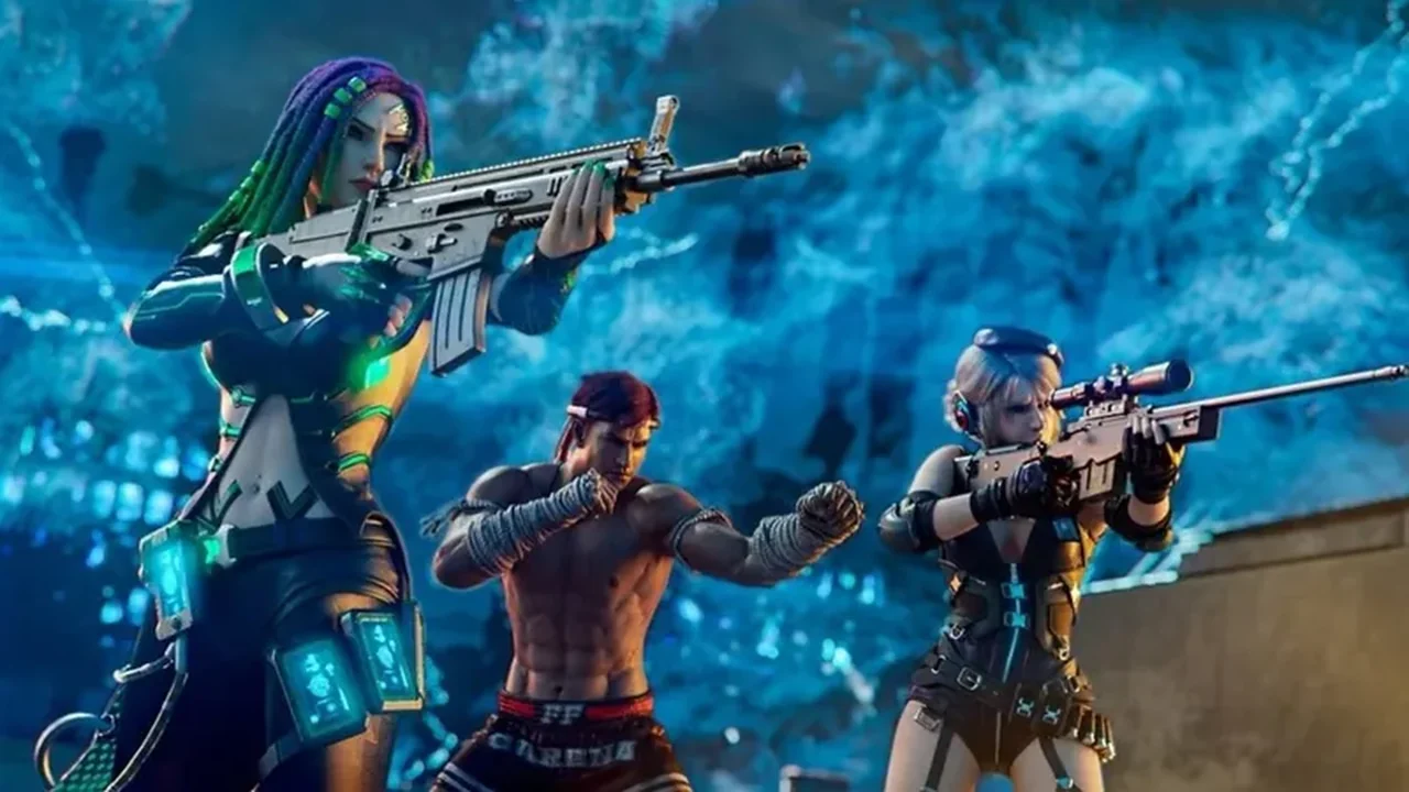 Free Fire characters holding rifles in battle artwork
