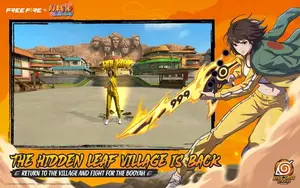 Free Fire gameplay in the Hidden Leaf Village map with a character celebrating a Booyah