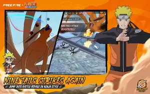 Free Fire battle royale gameplay warning of a Nine Tails attack while a plane flies over the island