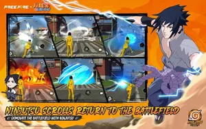 Free Fire gameplay collage showing ninjutsu scroll skills used across several fights